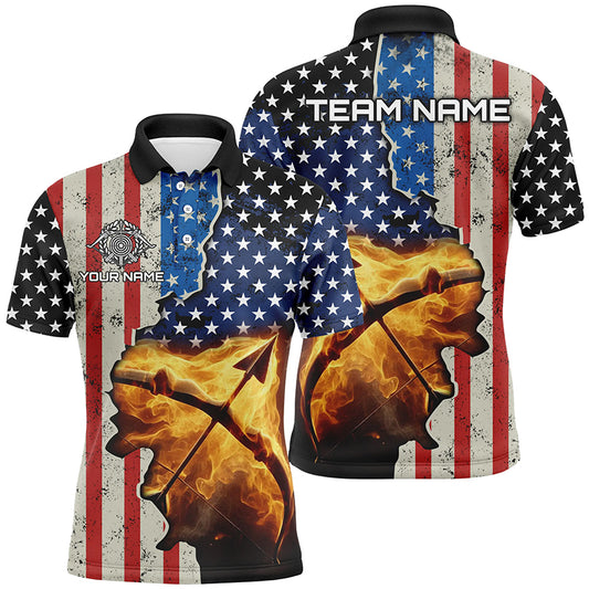 Personalized US Flag Archery Bow And Arrow Fire 3D Polo Shirts For Men, Custom Archery Team Jerseys VHM1073