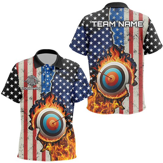 Personalized US Flag Flame Target Archery 3D Polo Shirts For Kids, Custom Archery Team Shirts Design VHM1076