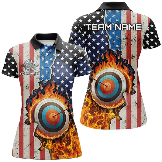 Personalized US Flag Flame Target Archery 3D Polo Shirts For Women, Custom Archery Team Shirts Design VHM1076