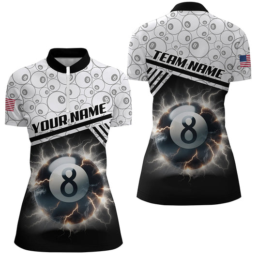Personalized Thunder Lighting 8 Ball Billiard 3D Quarter-Zip Shirts For Women, 8 Ball Pool Jerseys VHM1011
