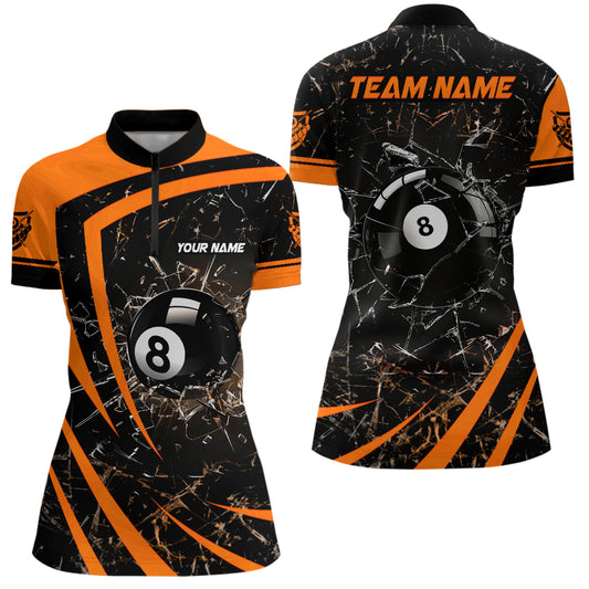 Personalized Orange Glass Break 8 Ball Billiard 3D Quarter-Zip Shirts For Women 8 Ball Pool Jerseys VHM1150
