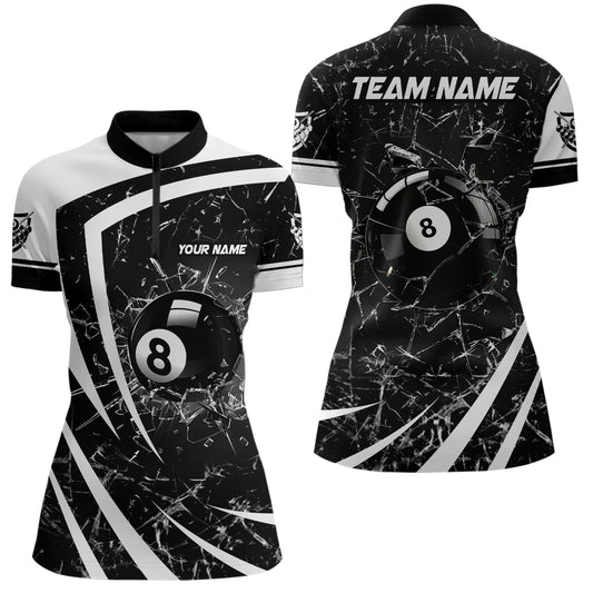 Personalized White Black Glass Break 8 Ball Billiard Quarter Zip Shirts For Women 8 Ball Pool Jerseys VHM1155