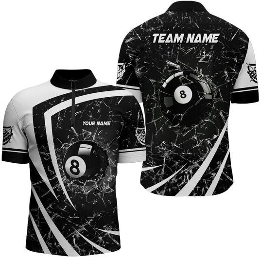 Personalized White Black Glass Break 8 Ball Billiard Quarter Zip Shirts For Men 8 Ball Pool Jerseys VHM1155