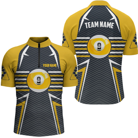 Personalized 9 Ball Pool Yellow Grey Billiards Quarter-Zip Shirts For Men, Pool Billiards Jerseys VHM0461
