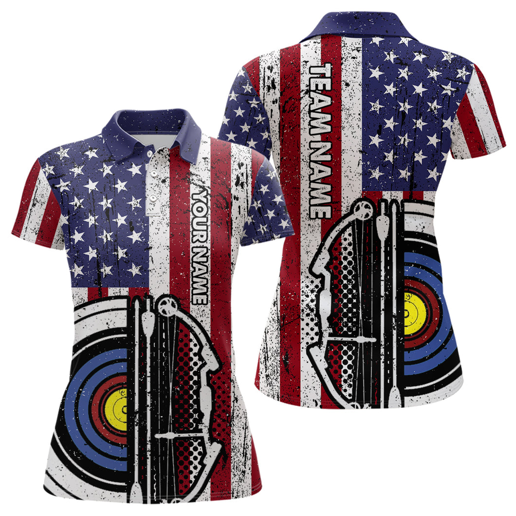 Personalized Retro American Flag 3D Target Archery Polo Shirts For Women, Custom Archery Team Shirts VHM0679