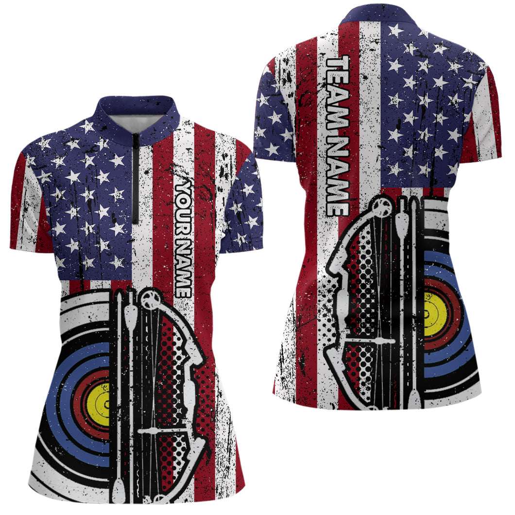 Personalized Retro American Flag 3D Target Archery Quarter-Zip Shirts For Women, Archery Team Shirts VHM0679