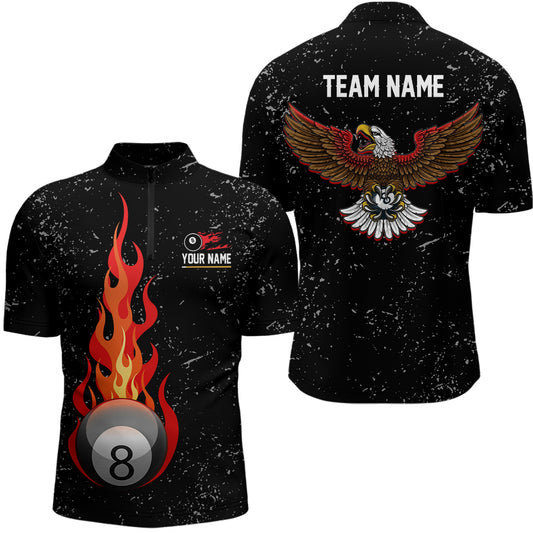 Personalized Grunge Black Flame 8 Ball Pool Quarter-Zip Shirts For Men, Eagle Billiard 8 Ball Shirt VHM0812