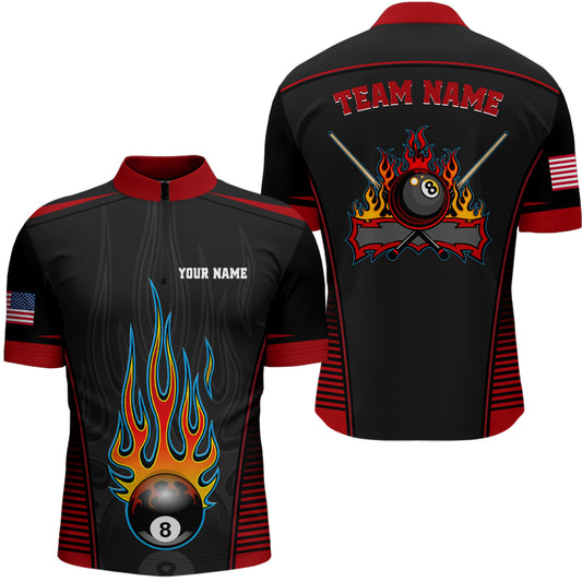 Personalized Red Black Fire 8 Ball Pool Quarter-Zip Shirts For Men, US Flag Billiard 8 Ball Shirts VHM0816
