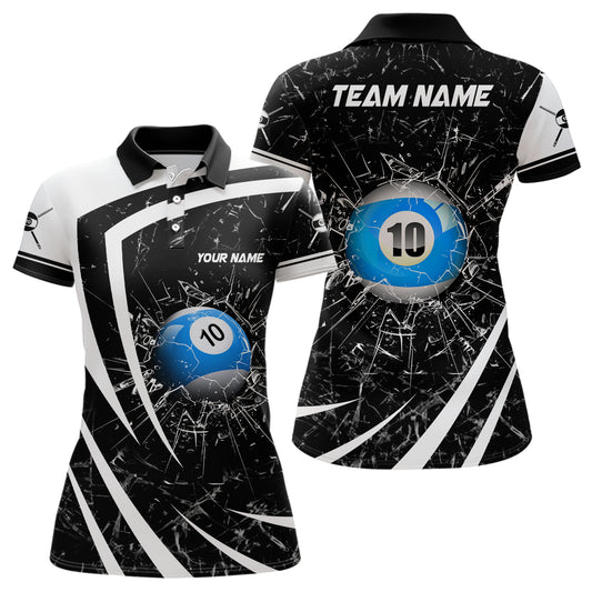 Personalized White Black Glass Break 10 Ball Pool 3D Polo Shirts For Women Billiards 10 Ball Shirts VHM1170