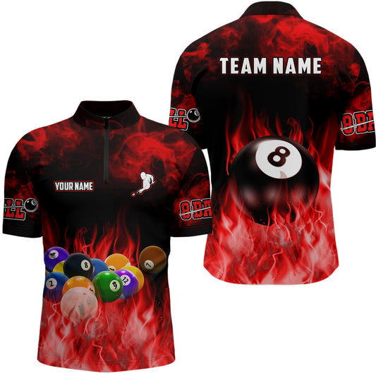 Personalized Billiard Balls Flame Billiard Red 3D Quarter-Zip Shirts For Men, 8 Ball Pool Jerseys VHM0491
