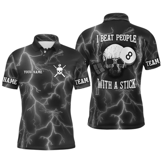 Personalized I Beat People With A Stick Billiard Polo Shirts For Men, Thunder Skull Billiard Shirt VHM0493