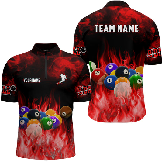 Personalized Billiard Balls Flame Billiard Red Quarter-Zip Shirts For Men, 8 Ball Pool Jerseys  VHM0517