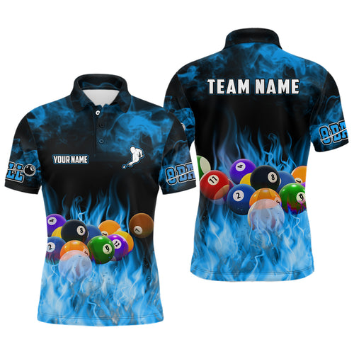 Personalized Billiard Balls Flame Billiard Blue 3D Polo Shirts For Men, Custom 8 Ball Pool Jerseys VHM0518
