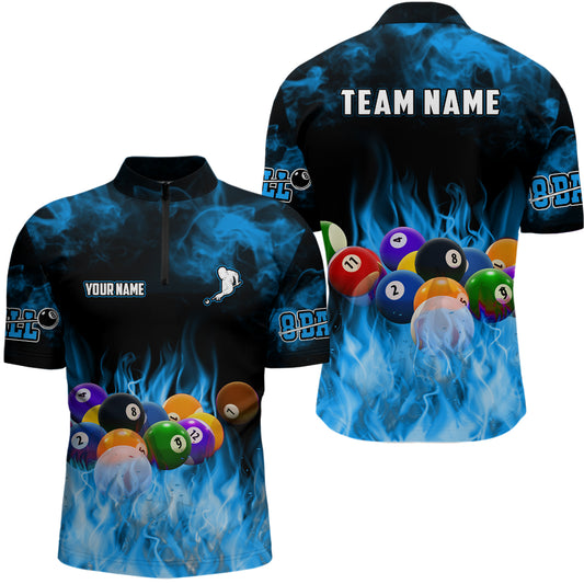 Personalized Billiard Balls Flame Billiard Blue Quarter-Zip Shirts For Men, 8 Ball Pool Jerseys VHM0518