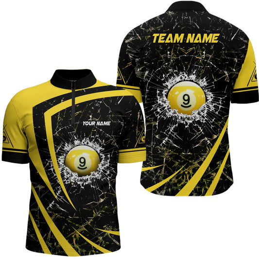 Personalized Yellow Glass Break 9 Ball Billiard 3D Quarter-Zip Shirts For Men, 9 Ball Pool Jerseys VHM0972
