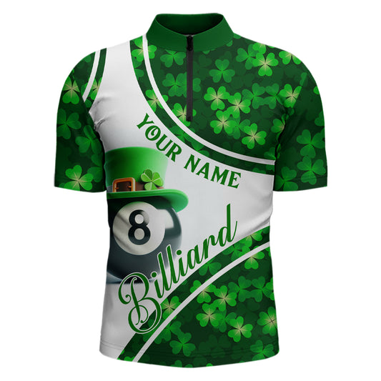 Personalized St Patrick's Day Billiard 8 Ball Quarter-Zip Shirts For Men, Shamrock Billiard Jerseys VHM0995