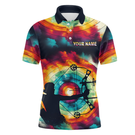 Personalized Archery Colorful Tie Dye 3D Polo Shirts For Men, Custom Silhouette Men Archery Jerseys VHM1003