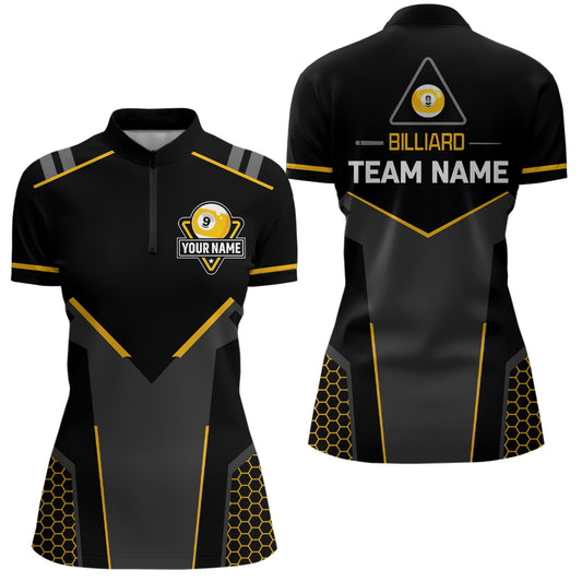 Personalized Black Yellow 9 Ball Billiard 3D Quarter-Zip Shirts For Women, 9 Ball Pool Team Jerseys VHM1053