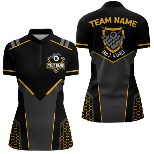 Personalized Black Yellow 8 Ball Billiard 3D Quarter-Zip Shirts For Women, 8 Ball Pool Team Jerseys VHM1054