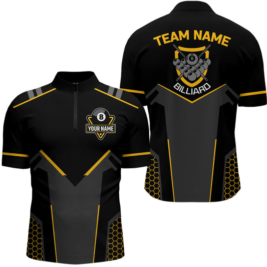 Personalized Black Yellow 8 Ball Billiard 3D Quarter-Zip Shirts For Men, 8 Ball Pool Team Jerseys VHM1054