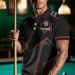 Personalized Style Black Red 8 Ball Billiard 3D Polo Shirts For Men, Custom 8 Ball Pool Team Shirts VHM1056