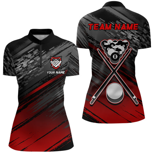 Personalized Sports Style Black Red 8 Ball Pool Quarter-Zip Shirts For Women, Billiard 8 Ball Jerseys VHM1049
