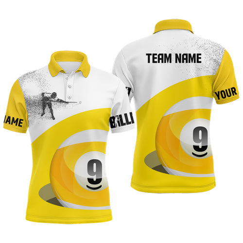 Personalized 3D Funny Billiard Player Polo Shirts For Men, Yellow Custom 9 Ball Pool Jerseys VHM0123