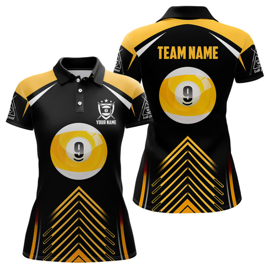9 Ball Black Yellow Version Custom Billiard Polo Shirts For Women, 9 Ball Pool Billiards Jerseys VHM0143