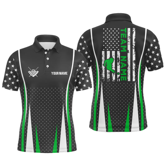 Personalized US Flag Pattern Green Billiard Polo Shirts For Men, Player Billiards Team Jerseys VHM0146