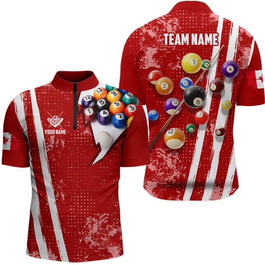 Personalized Red 3D Billiard Balls Quarter-Zip Shirts For Men, Canadian Flag 8 Ball Pool Jerseys VHM0757