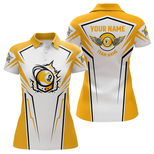 Personalized 3D Funny Billiard 9 Ball Polo Shirts For Women, Custom White Yellow 9 Ball Pool Jerseys VHM0759