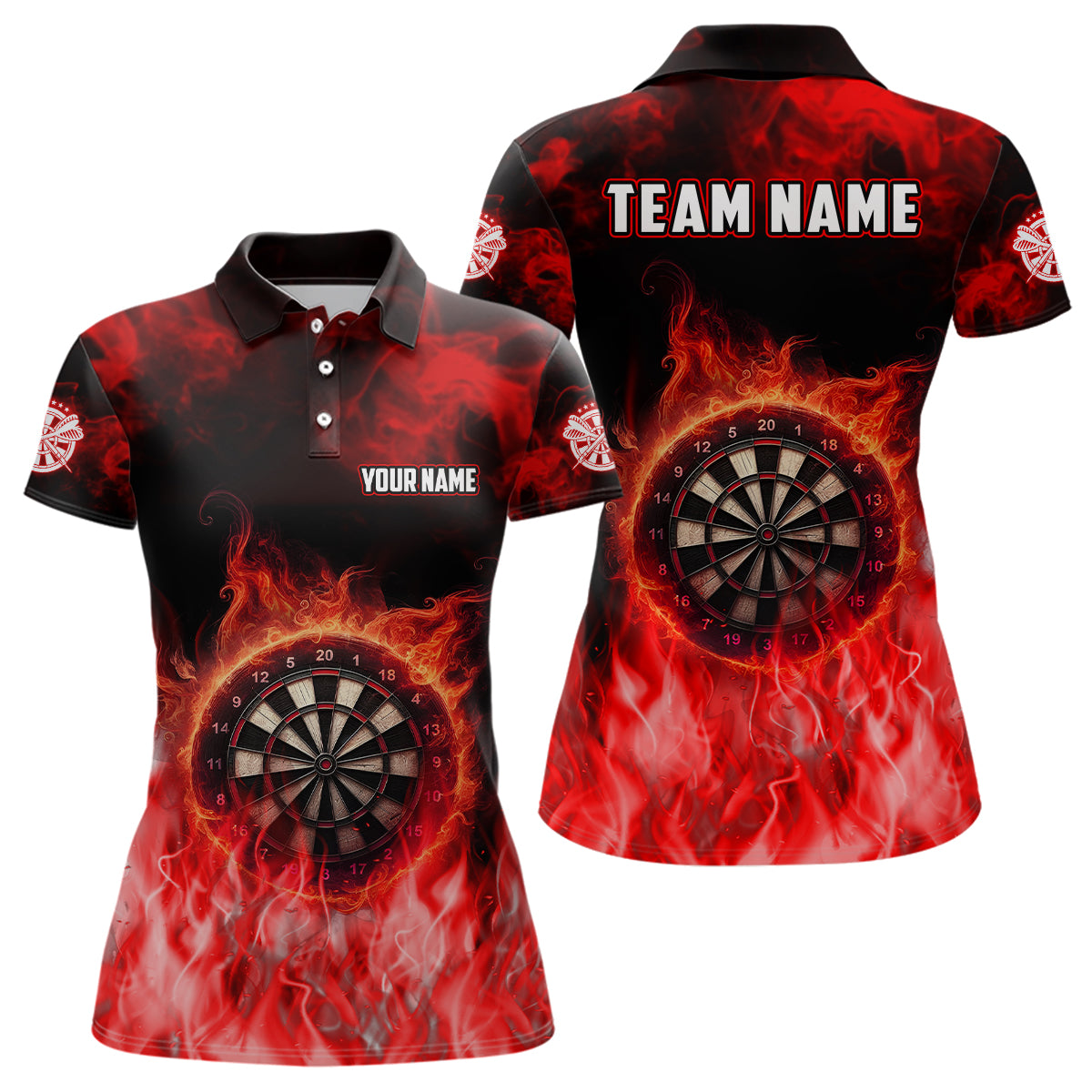 Personalized Fire Flame Red Dart Polo Shirts For Women, Dart Team Jerseys Custom Womens Dart Shirts VHM1084