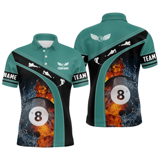 Personalized Fire And Water 8 Ball Billiard Green Black 3D Polo Shirts For Men, Billiards Jerseys VHM0391