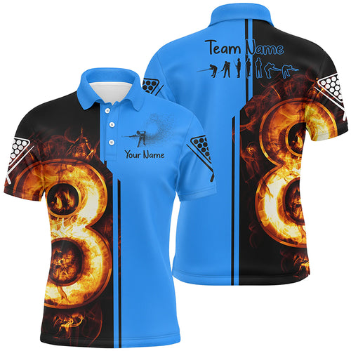 Personalized Blue Funny Pool Player 3D Fire Billiard Polo Shirts For Men, 8 Ball Billiard Shirts TDM0089