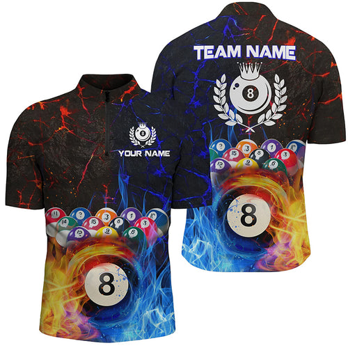 Billiard 8 Ball Water Fire Personalized 3D Quarter-Zip Shirts For Men, Pool League Shirts TDM0571