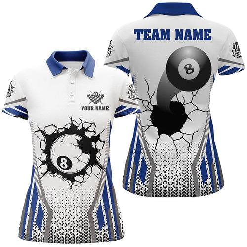 White Blue 8 Ball Pool Cracked Wall Personalized Women Polo Shirts, Custom Billiard Attire Jerseys TDM1128