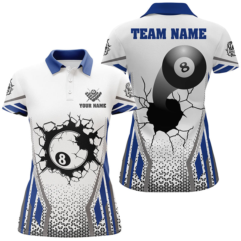 White Blue 8 Ball Pool Cracked Wall Personalized Women Polo Shirts, Custom Billiard Attire Jerseys TDM1128