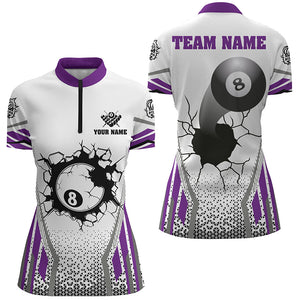 White Purple 8 Ball Pool Cracked Wall Custom Women Quarter-Zip Shirts, Billiard Attire Jerseys TDM1131