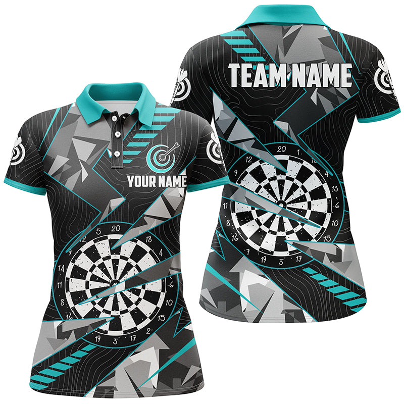 Personalized Black Turquoise Grunge Darts Board Women Dart Polo Shirt Custom Team League Darts Jersey TDM1517