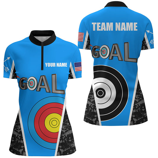 Custom Name Blue Archery Goal Women Quarter-Zip Shirts, 3D Target Archery Jerseys For Team TDM1154