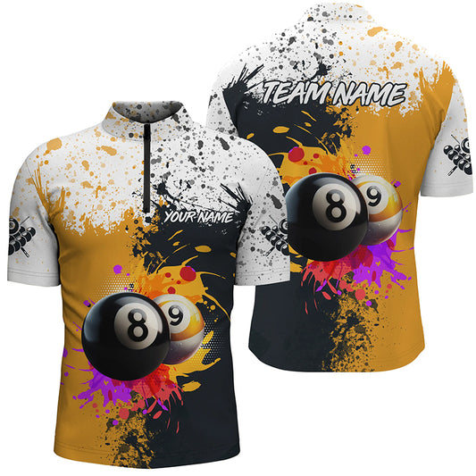 Personalized Billiard 8 Ball & 9 Ball Grunge Style Men Quarter-Zip Shirts, Billiard Attire TDM1015