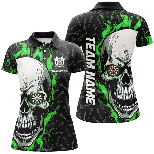 Personalized 3D Green Skull Flame Dart Polo Shirts Custom Dart Shirts For Women Dart Jerseys TDM1179