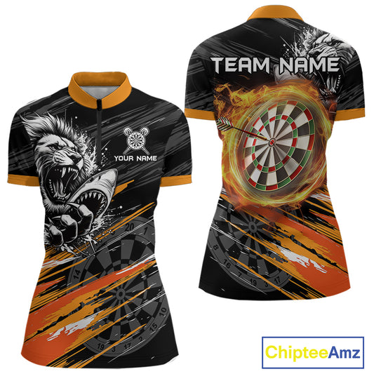 Orange And Black Grunge Lion And Shark Dart Shirts Custom Women's Dart Jersey Polo & Quarter Zip TDM3847