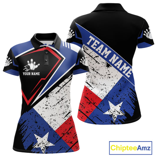 Grunge Texas flag bowling polo shirt for women with patriotic custom team graphics.