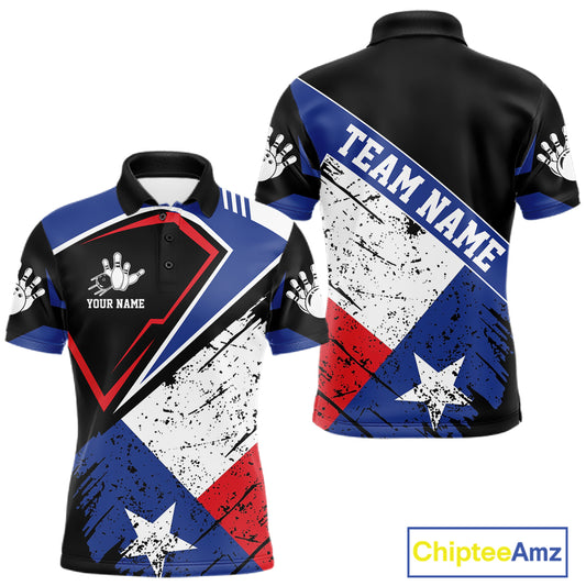 Grunge Texas flag bowling polo shirt for men with patriotic custom team graphics.