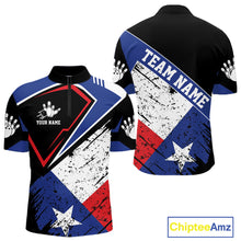 Load image into Gallery viewer, Grunge Texas flag bowling quarter zip shirt for men designed for league tournaments and team events.