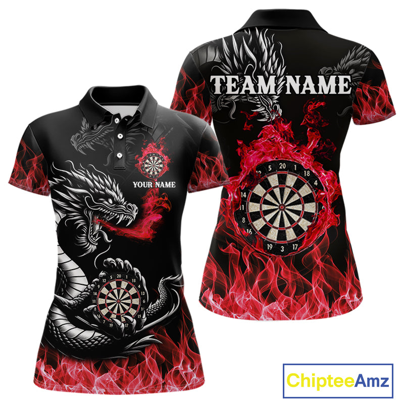 Personalized Red Flaming Dragon Dart Shirts For Women Custom Darts Team Jerseys Polo & Quarter Zip TDM4310