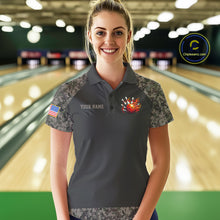 Load image into Gallery viewer, Woman wearing personalized retro camo US flag patriotic bowling polo shirt front view.