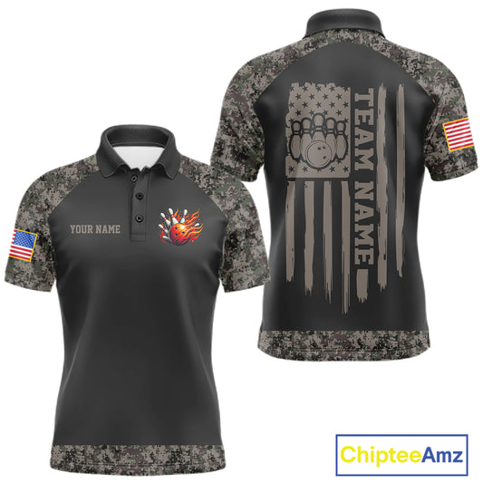 Personalized retro camo US flag patriotic bowling league team jersey polo shirt for men, custom bowling team apparel with vintage camouflage design.