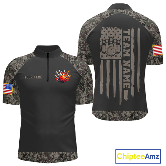 Personalized retro camo US flag patriotic bowling league quarter zip shirt for men, custom bowling team jersey.